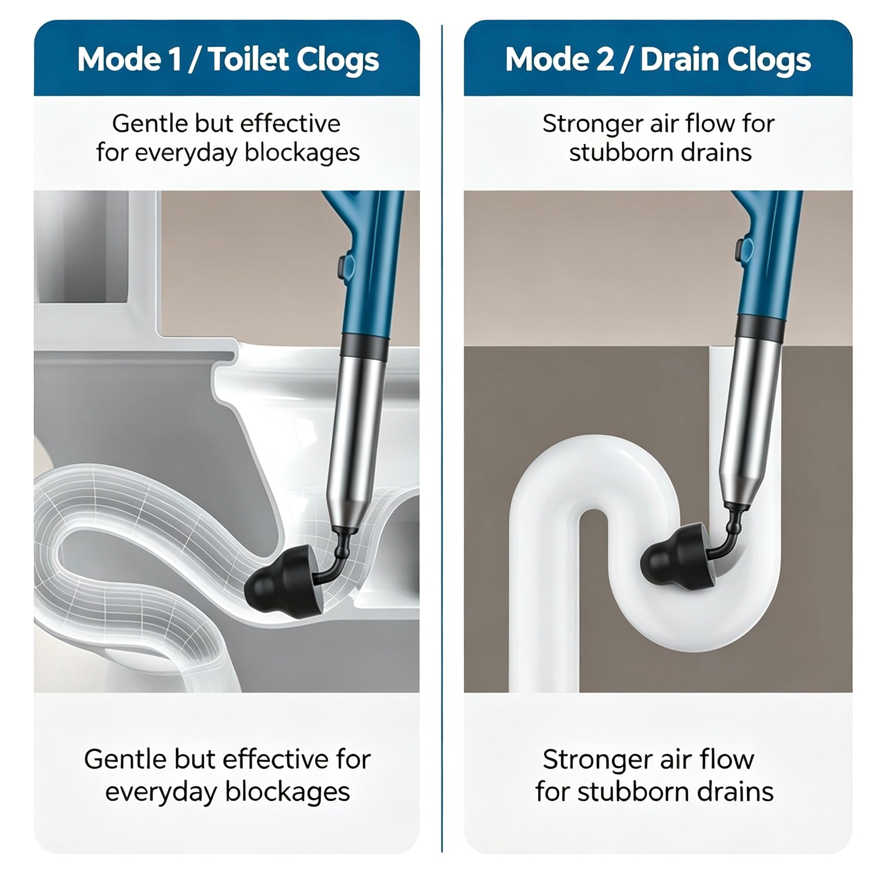 A side-by-side comparison graphic showing a blue and silver plunger-like cleaning tool inserted into a toilet clog on the left and a drain clog on the right, with text labels for Mode 1 / Toilet Clogs and Mode 2 / Drain Clogs.