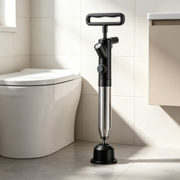 FixGo™ black edition high pressure drain unclogger standing upright in modern bathroom — 304 stainless steel body with black handle and drain seal head
