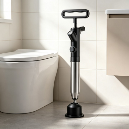 FixGo™ black edition high pressure drain unclogger standing upright in modern bathroom — 304 stainless steel body with black handle and drain seal head
