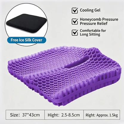 Purple honeycomb gel seat cushion with an integrated cooling gel channel, shown on a light gray background with feature callouts and a small inset of a black cover.