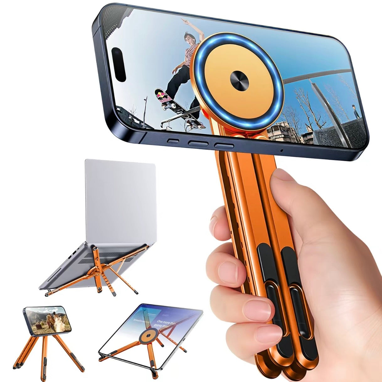 Foldable Aluminum Laptop Stand - stable flexible structural design with 180 degree rotation and 75 degree rod extension