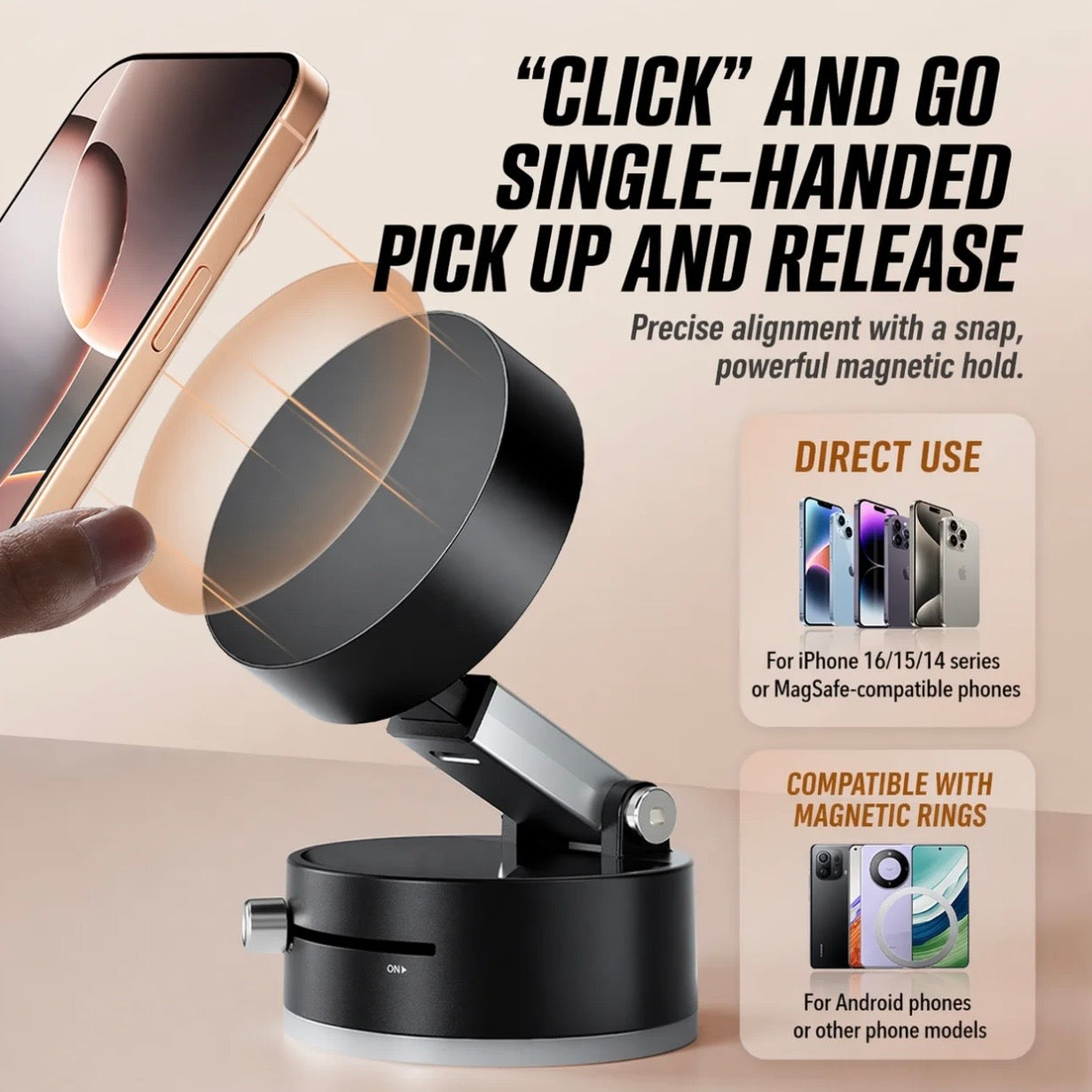 Premium Vacuum Magnetic Phone Stand - click and go single-handed pick up and release compatible with iPhone 16 15 14 and MagSafe phones