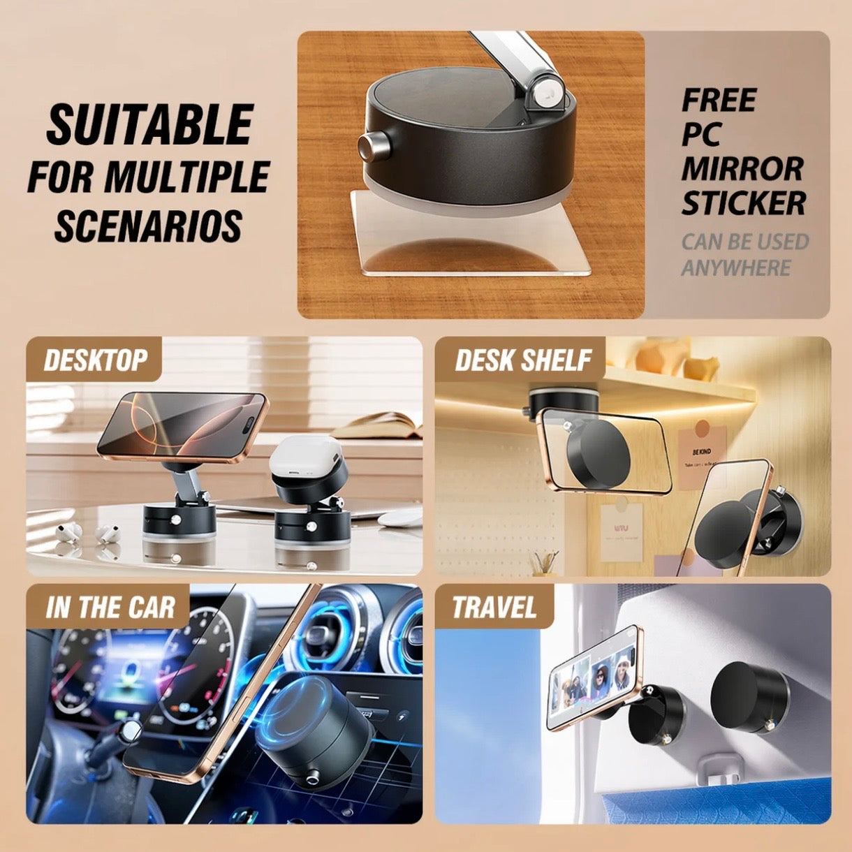 Premium Vacuum Magnetic Phone Stand - dual-axis adjustment multi-angle viewing 135 degree tilt 180 degree rotation foldable extendable