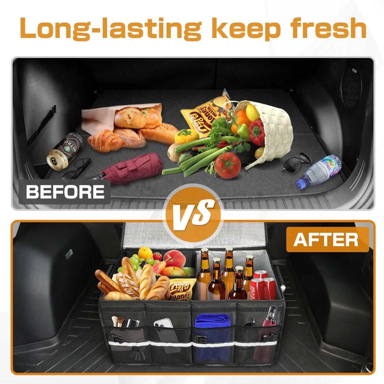 Heavy-Duty Foldable Trunk Organizer - before and after comparison showing messy trunk vs organized storage with long-lasting keep fresh insulated compartment