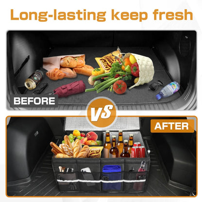 Heavy-Duty Foldable Trunk Organizer - before and after comparison showing messy trunk vs organized storage with long-lasting keep fresh insulated compartment