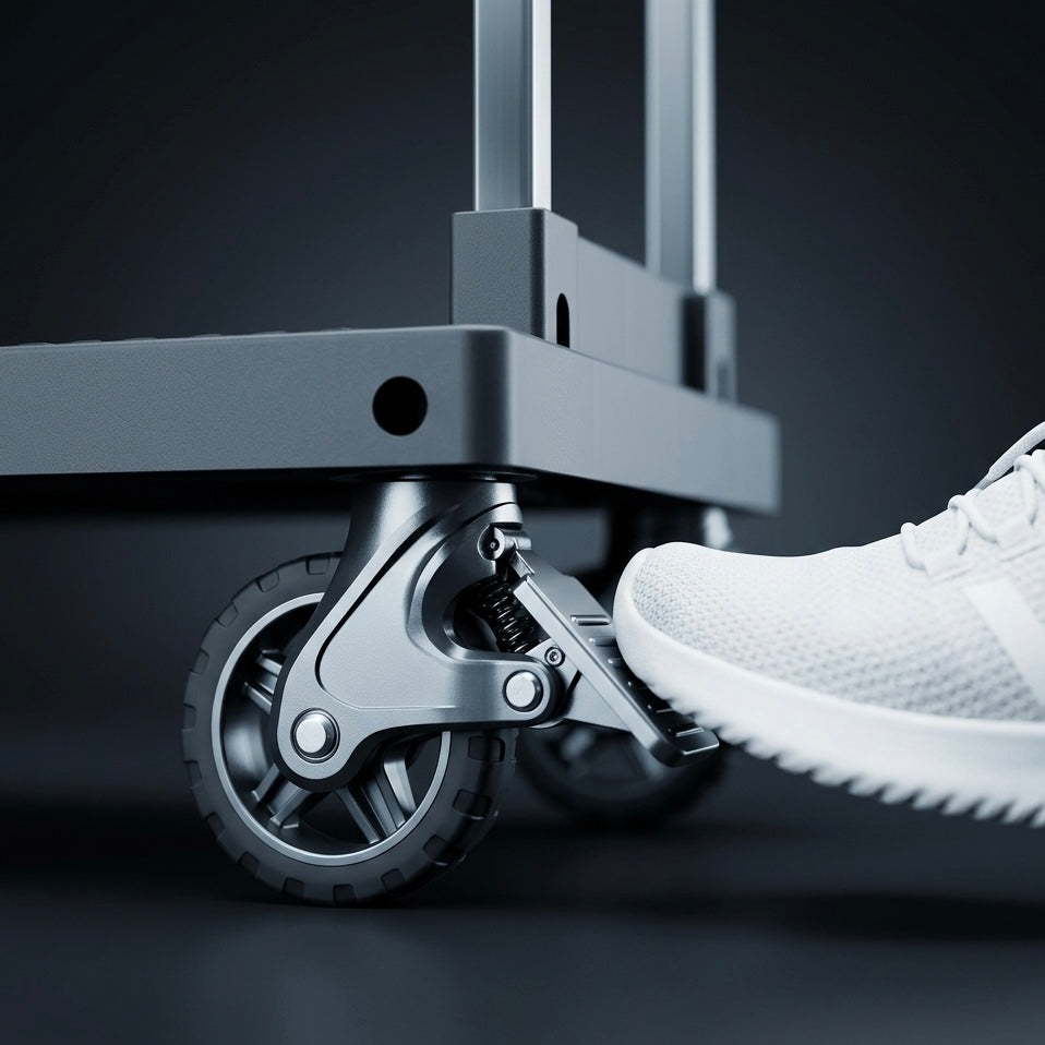 Close-up of a white sneaker near a black suitcase wheel on a dark background