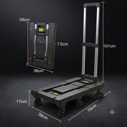 Ultra-Slim 8CM Foldable Cart Large – dimension chart showing folded thickness 8CM, extended base 11CM, handle height 101CM, and base dimensions 38×59–70CM