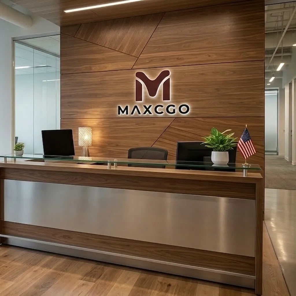 Modern office reception desk with a wood and brushed metal front, set against a wood-paneled wall featuring a large illuminated MAXCGO logo.