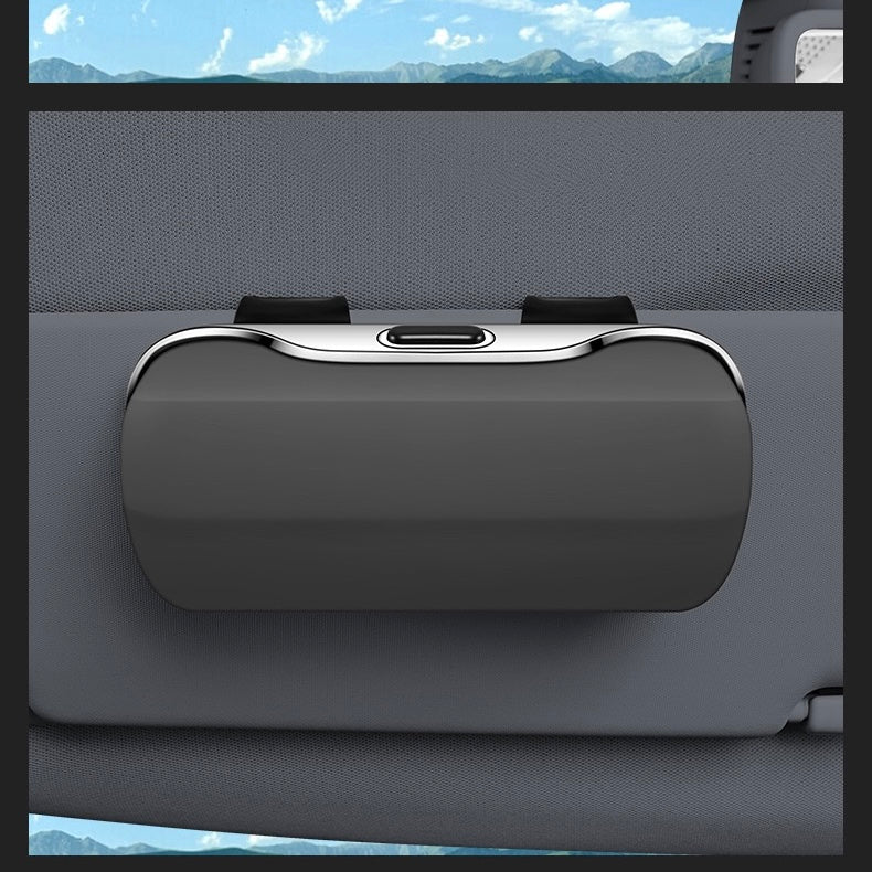 Premium One-Touch Car Sunglasses Holder - black color front view showing one-touch button and chrome trim