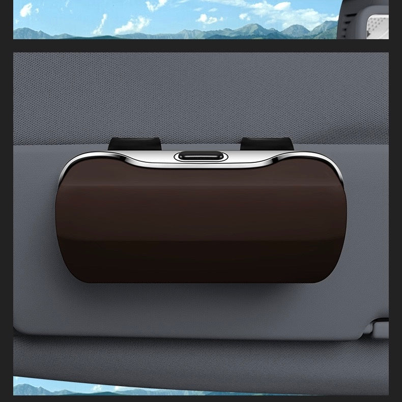Premium One-Touch Car Sunglasses Holder - black color side angle view installed on car sun visor