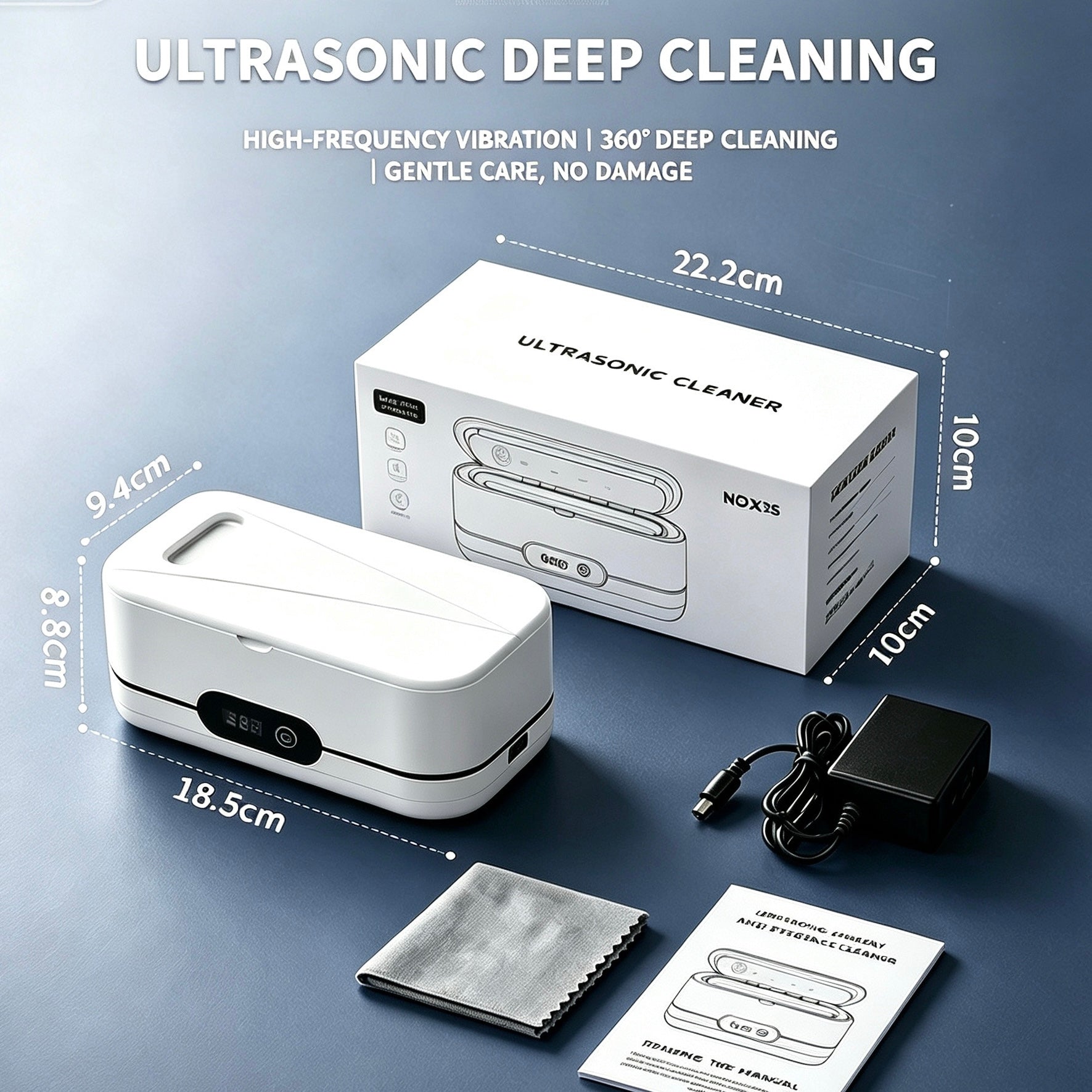 Ultrasonic Cleaner - product dimensions 18.5 x 9.4 x 8.8cm package contents including adapter cleaning cloth and user manual