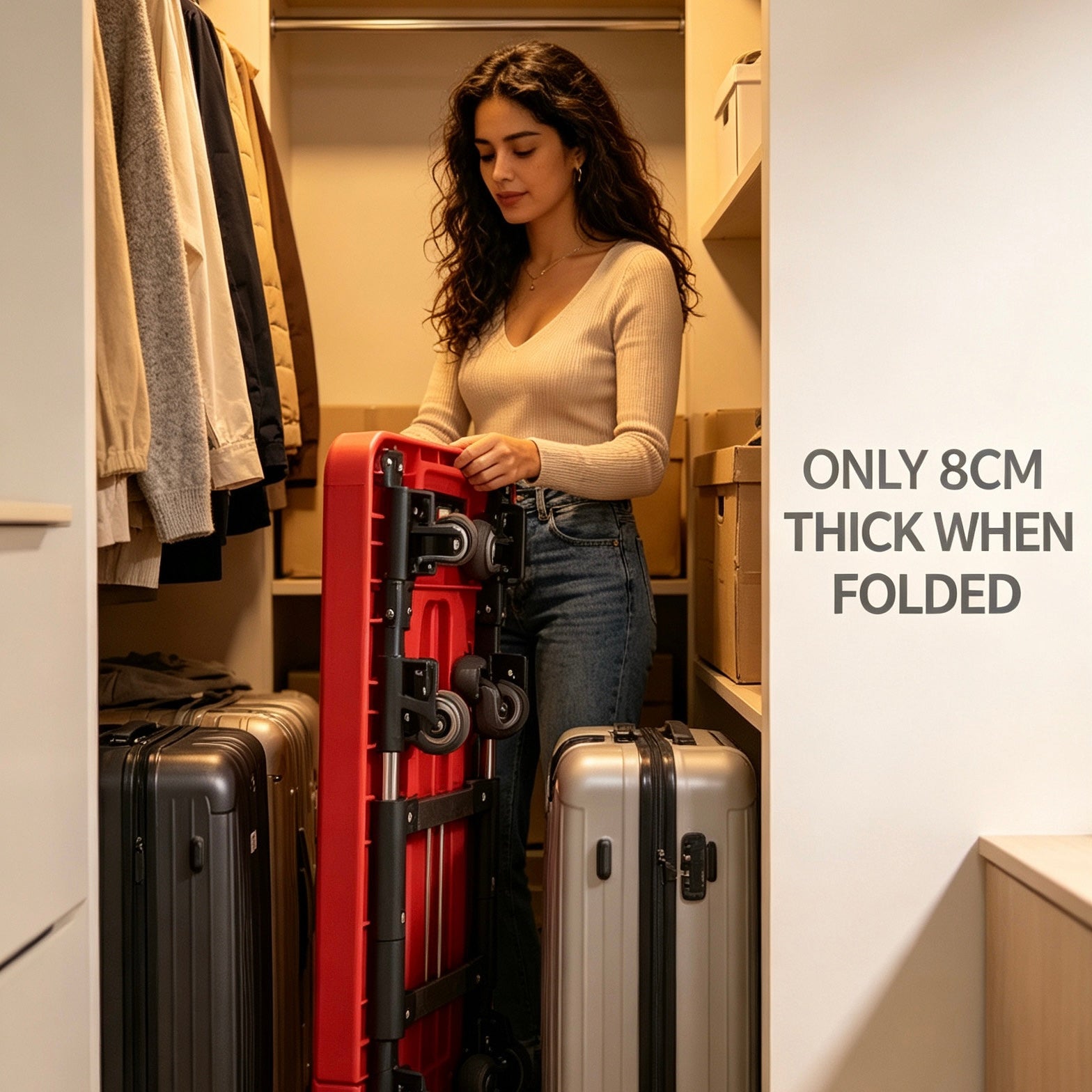 Woman holding a red suitcase next to other suitcases in a closet with text 'Only 8cm thick when folded'.