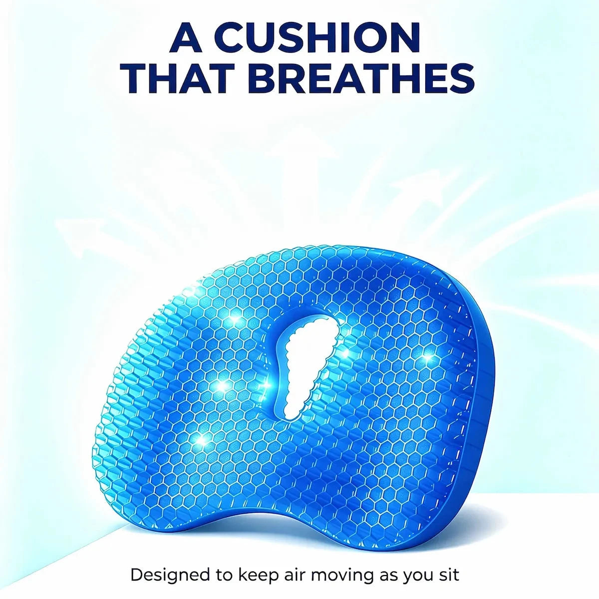 A blue contoured TPE cushion with a honeycomb texture and central ventilation hole, shown on a light blue background with text reading 'A CUSHION THAT BREATHES' and 'Designed to keep air moving as you sit.'.
