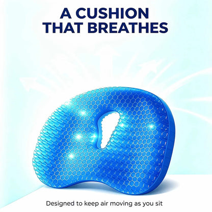 A blue contoured TPE cushion with a honeycomb texture and central ventilation hole, shown on a light blue background with text reading 'A CUSHION THAT BREATHES' and 'Designed to keep air moving as you sit.'.