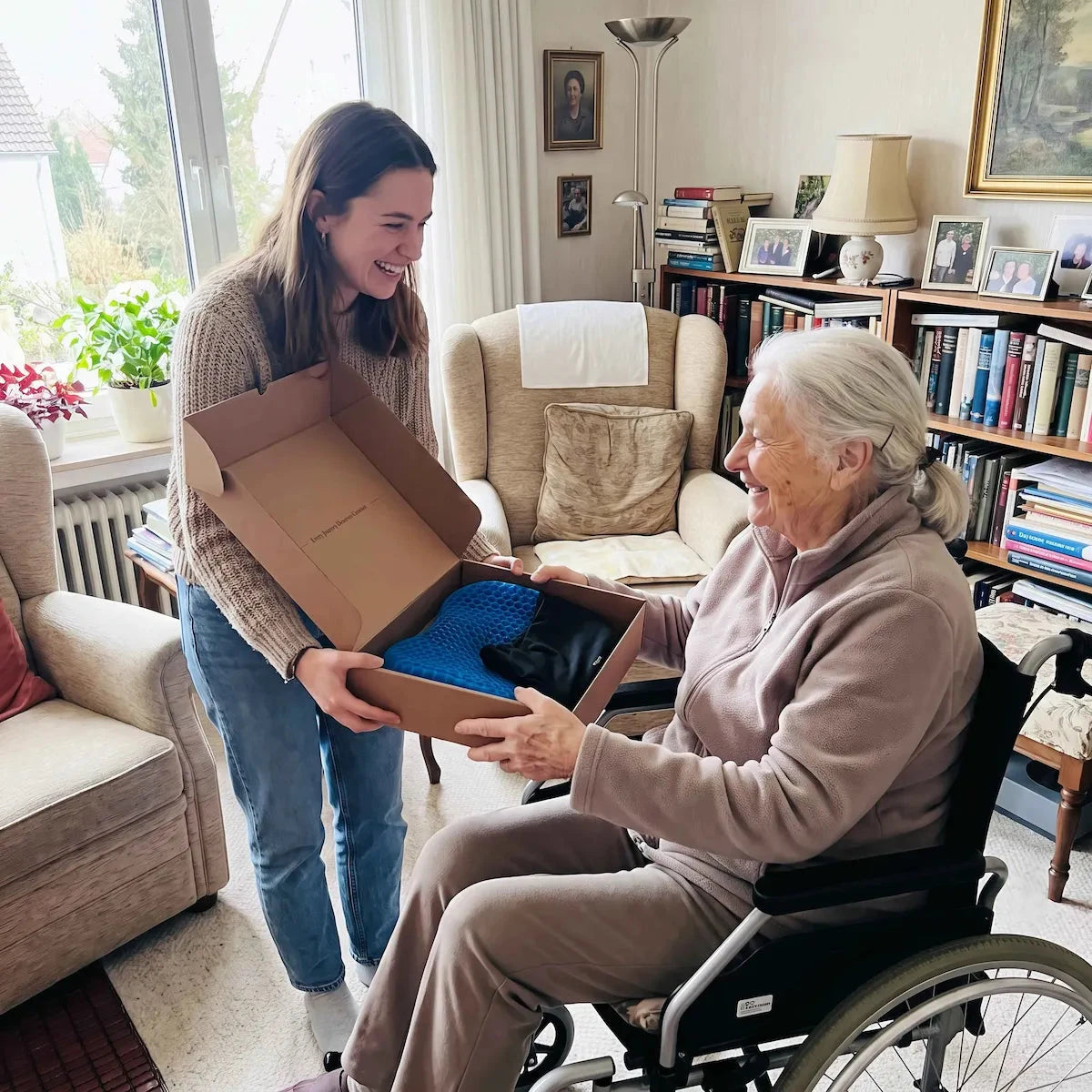 An elderly woman in a wheelchair receives a gift box from a younger woman in a cozy living room. The box is opened to reveal a blue knit blanket and a black plush toy.