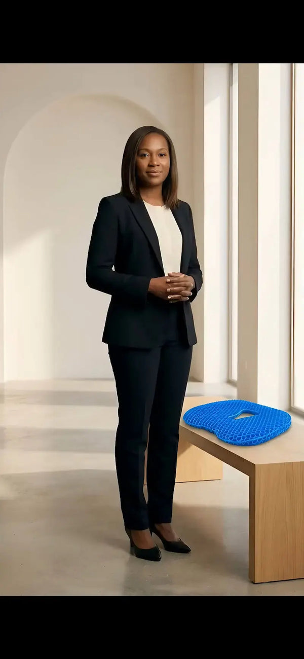 A woman in a black blazer and trousers stands in a bright indoor space next to a blue contoured gel seat cushion on a wooden table.