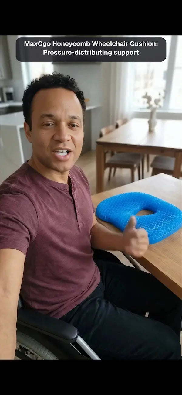 A man in a wheelchair gives a thumbs-up while sitting at a wooden table with a blue honeycomb-textured wheelchair cushion next to him. A text banner at the top reads 'MaxCgo Honeycomb Wheelchair Cushion: Pressure-distributing support'.