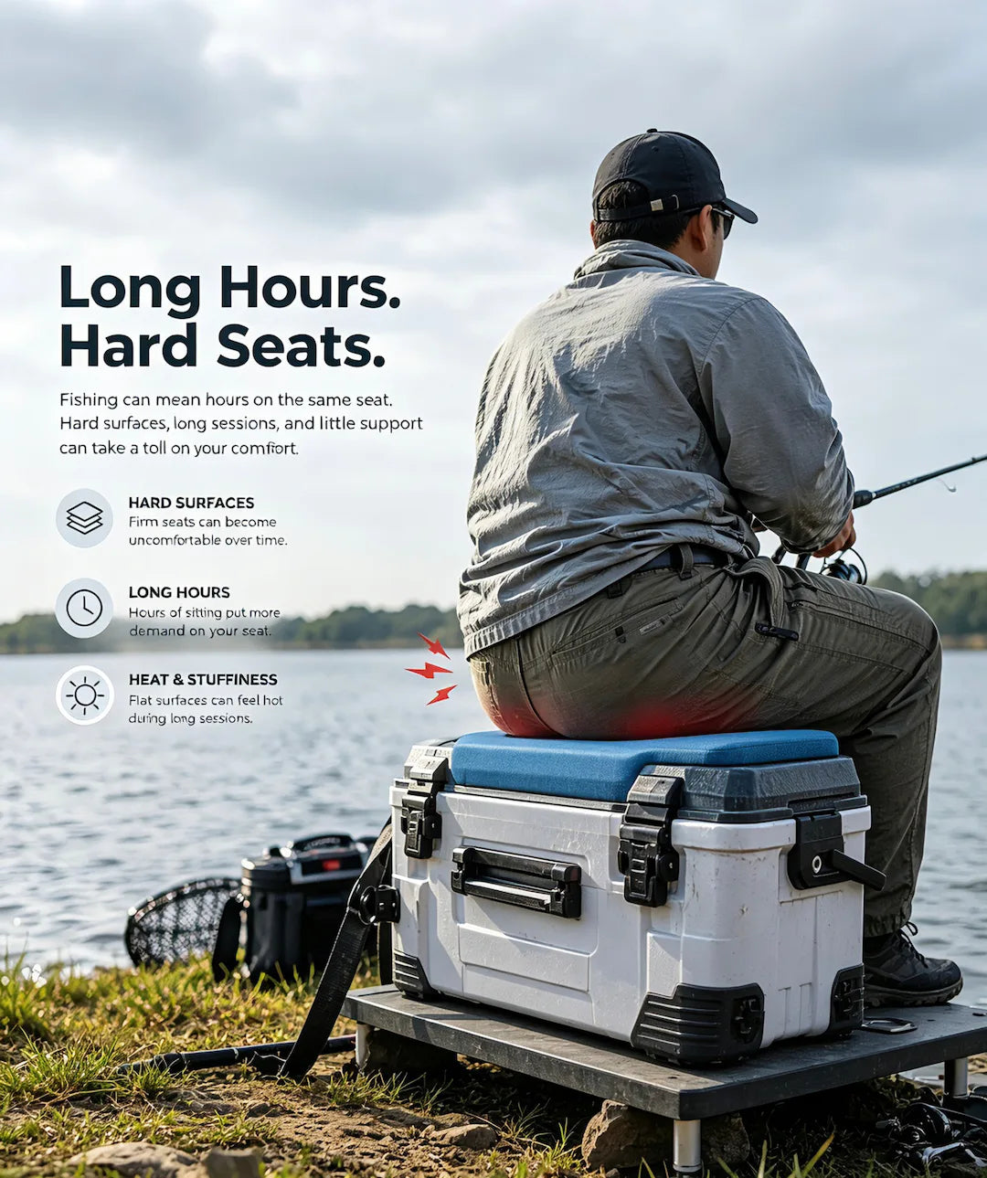 A man sits on a white and blue fishing seat mounted on a dock by the water, with fishing gear beside him. Large marketing text on the left reads 'Long Hours.
