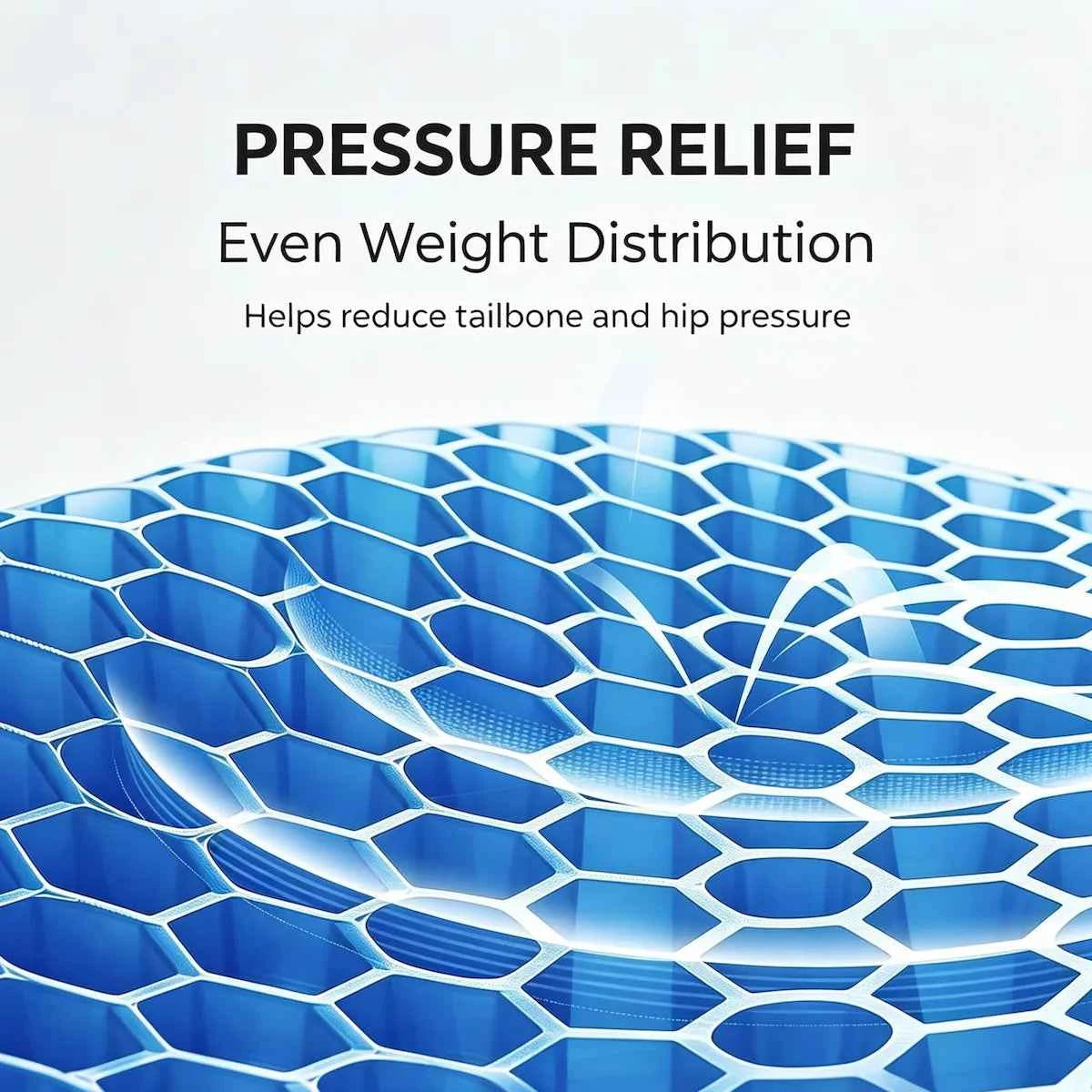 Blue honeycomb-patterned pressure relief cushion with text reading 'PRESSURE RELIEF', 'Even Weight Distribution', and 'Helps reduce tailbone and hip pressure' on a white background.