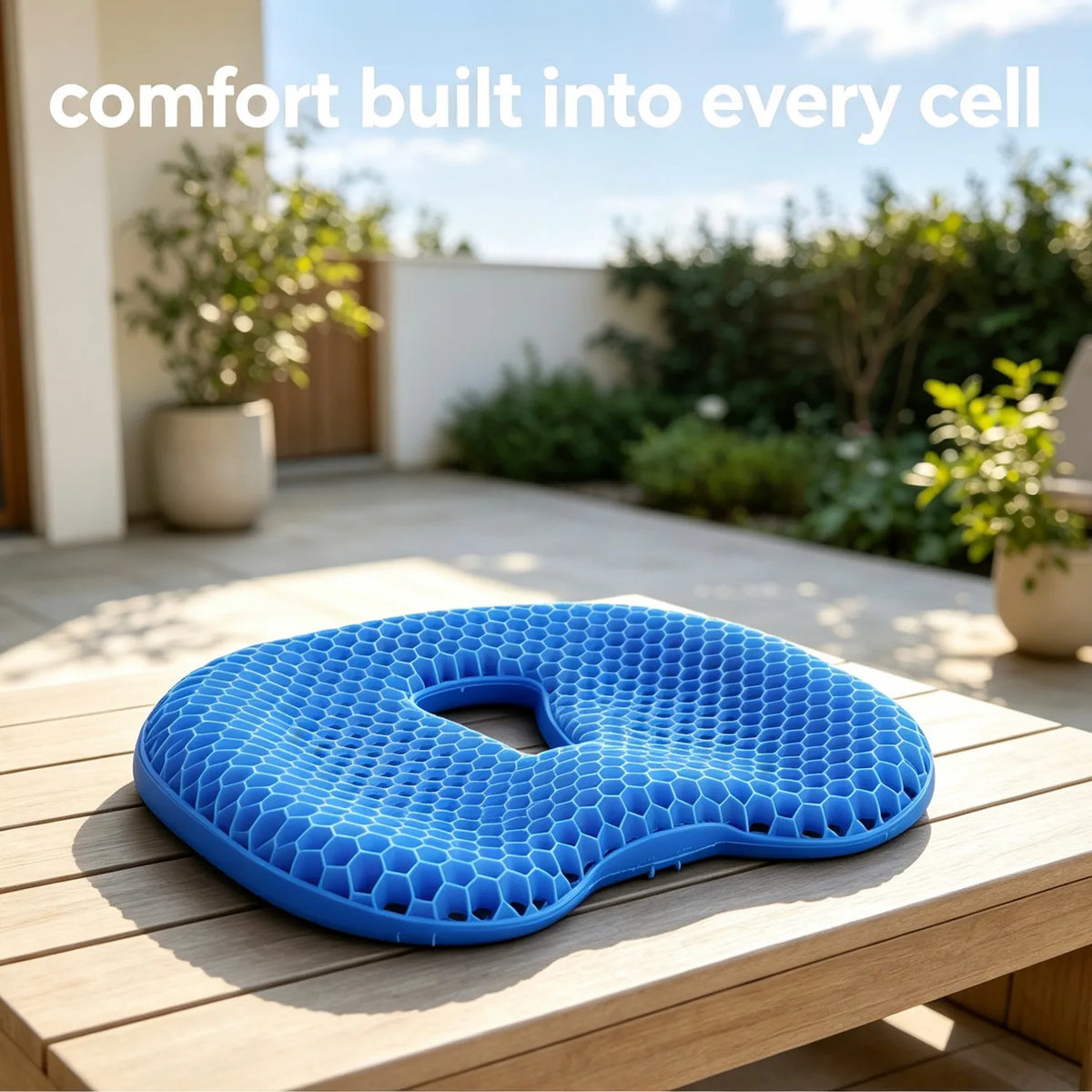 A blue honeycomb TPE seat cushion resting on an outdoor wooden table, with text reading 'comfort built into every cell