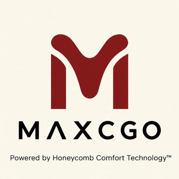 A minimalist brand graphic on a warm off-white background featuring a dark red stylized 'M' logo above the text 'MAXCGO', with smaller text reading 'Powered by Honeycomb Comfort Technology™' and 'Comfort, Every Day.'.