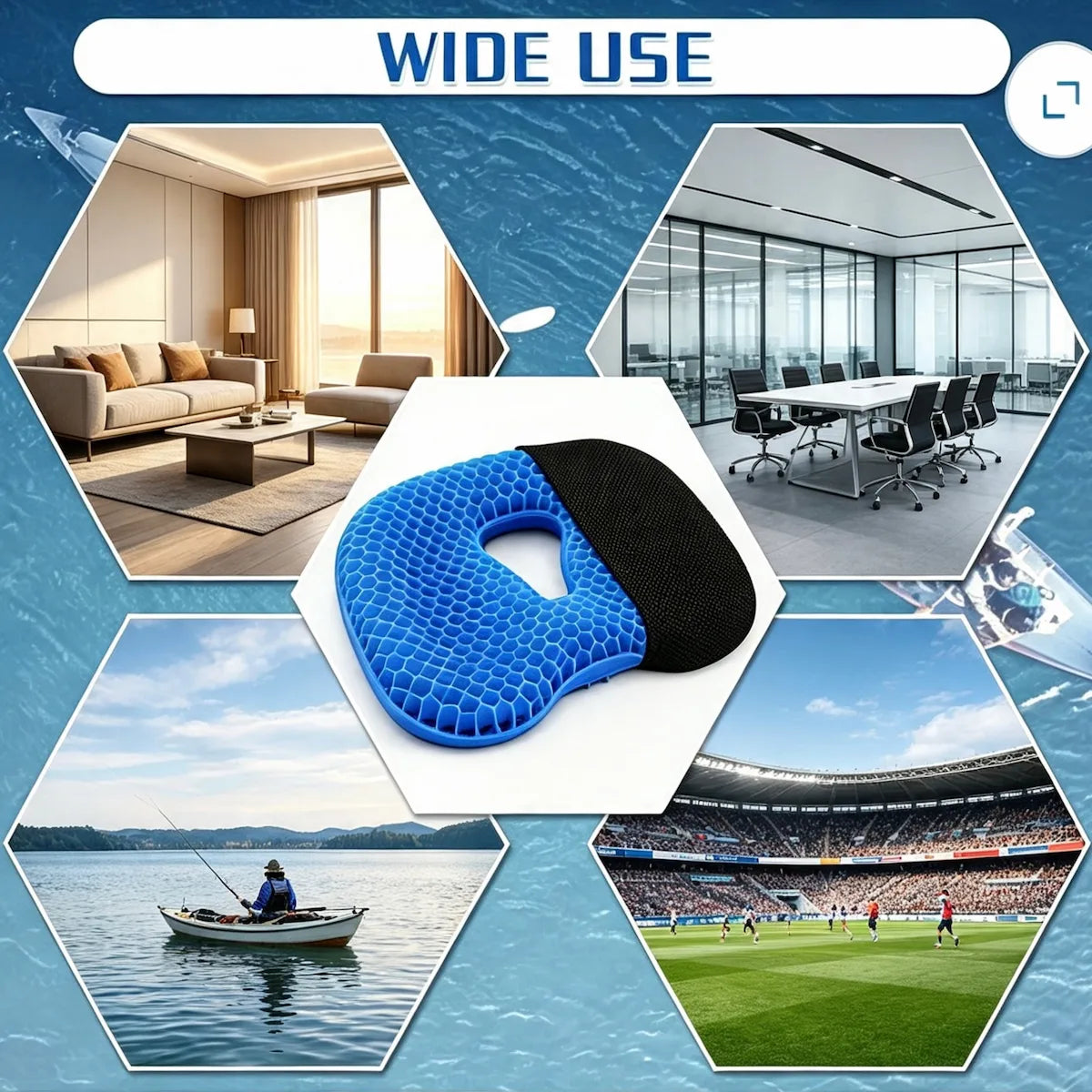 A blue and black contoured TPE cushion shown in a collage with labeled 'WIDE USE' text, surrounded by lifestyle scenes including a living room, office meeting room, lake fishing boat, and soccer stadium.