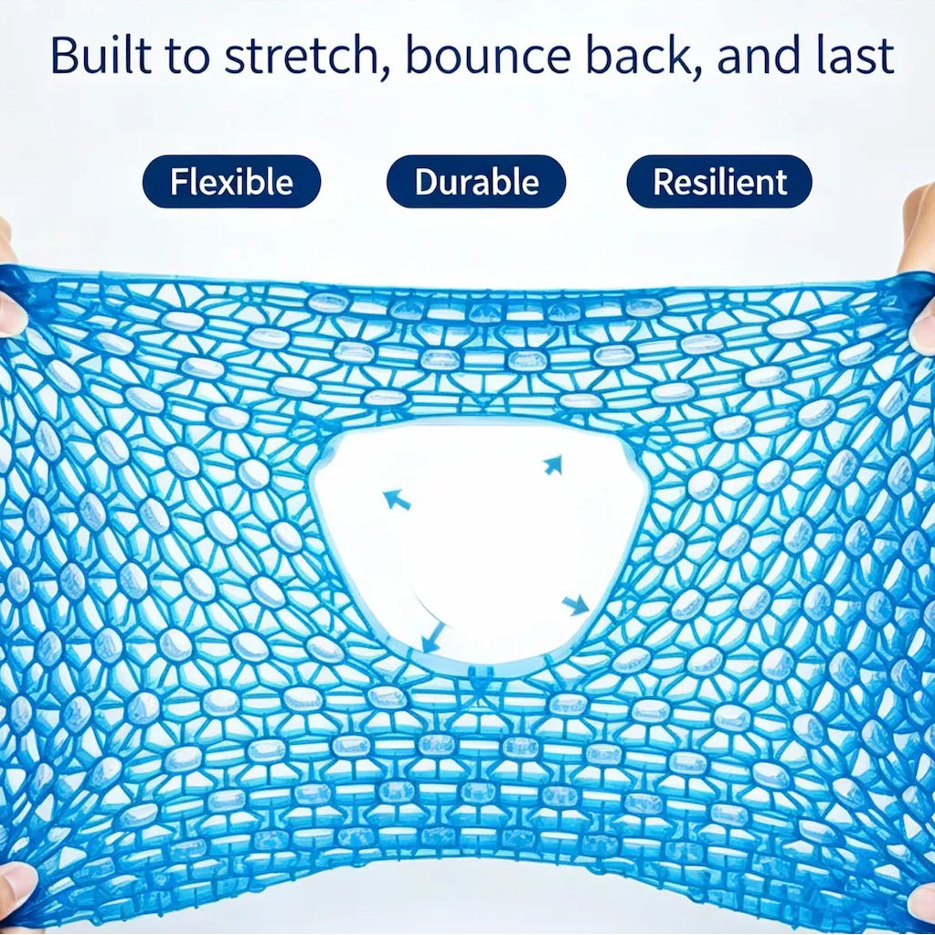 A pair of hands stretches a bright blue high-elasticity TPE mat against a white background, with text highlighting its flexibility, durability, and resilience.