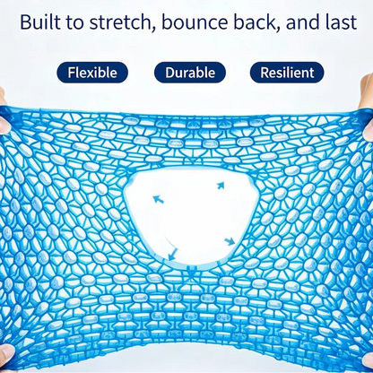 A pair of hands stretches a bright blue high-elasticity TPE mat against a white background, with text highlighting its flexibility, durability, and resilience.