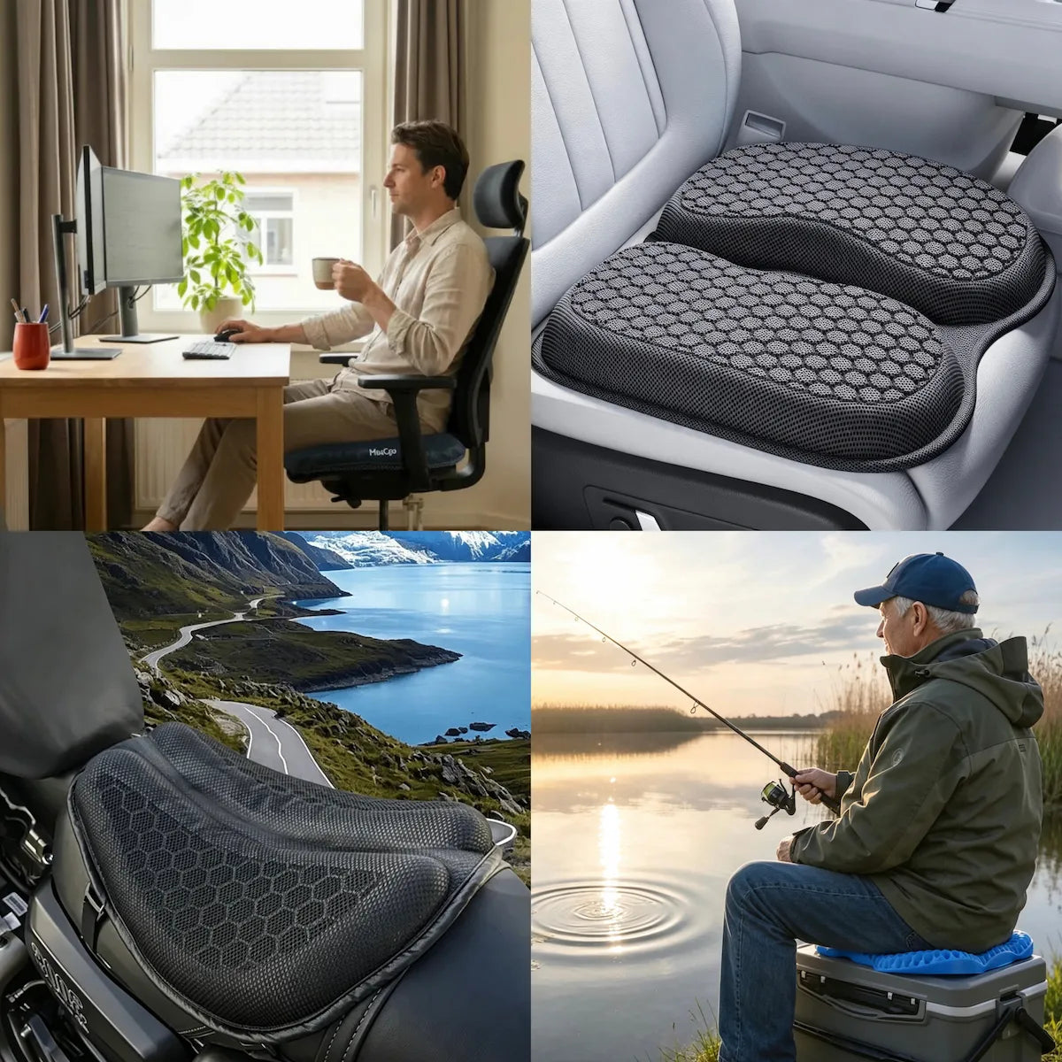 A four-panel collage showing a black honeycomb-patterned car seat cushion in different use cases: on a car front seat, on a motorcycle seat, and on a car rear seat, plus a man fishing outdoors.
