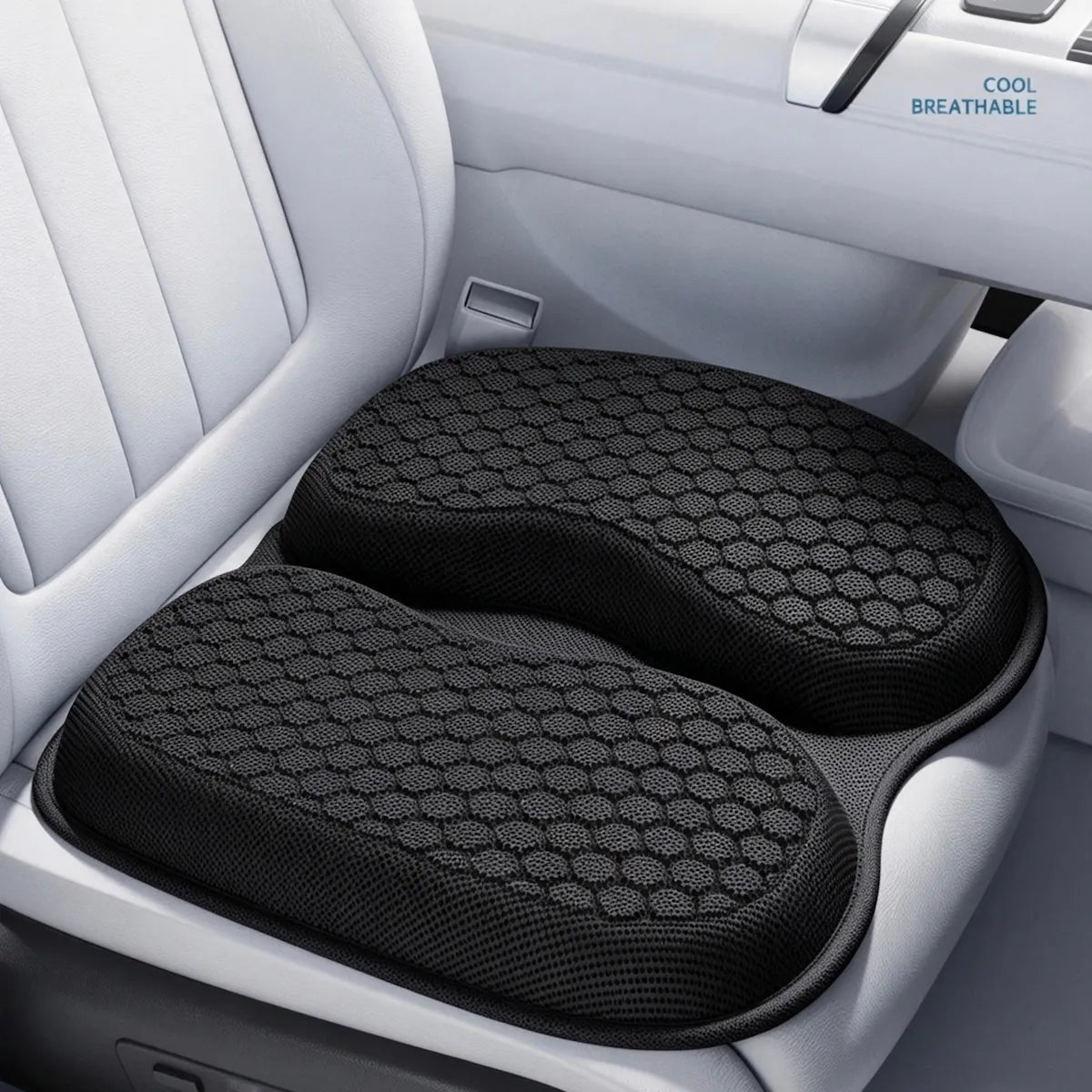 MaxCgo black car seat cushion on a light-colored vehicle seat
