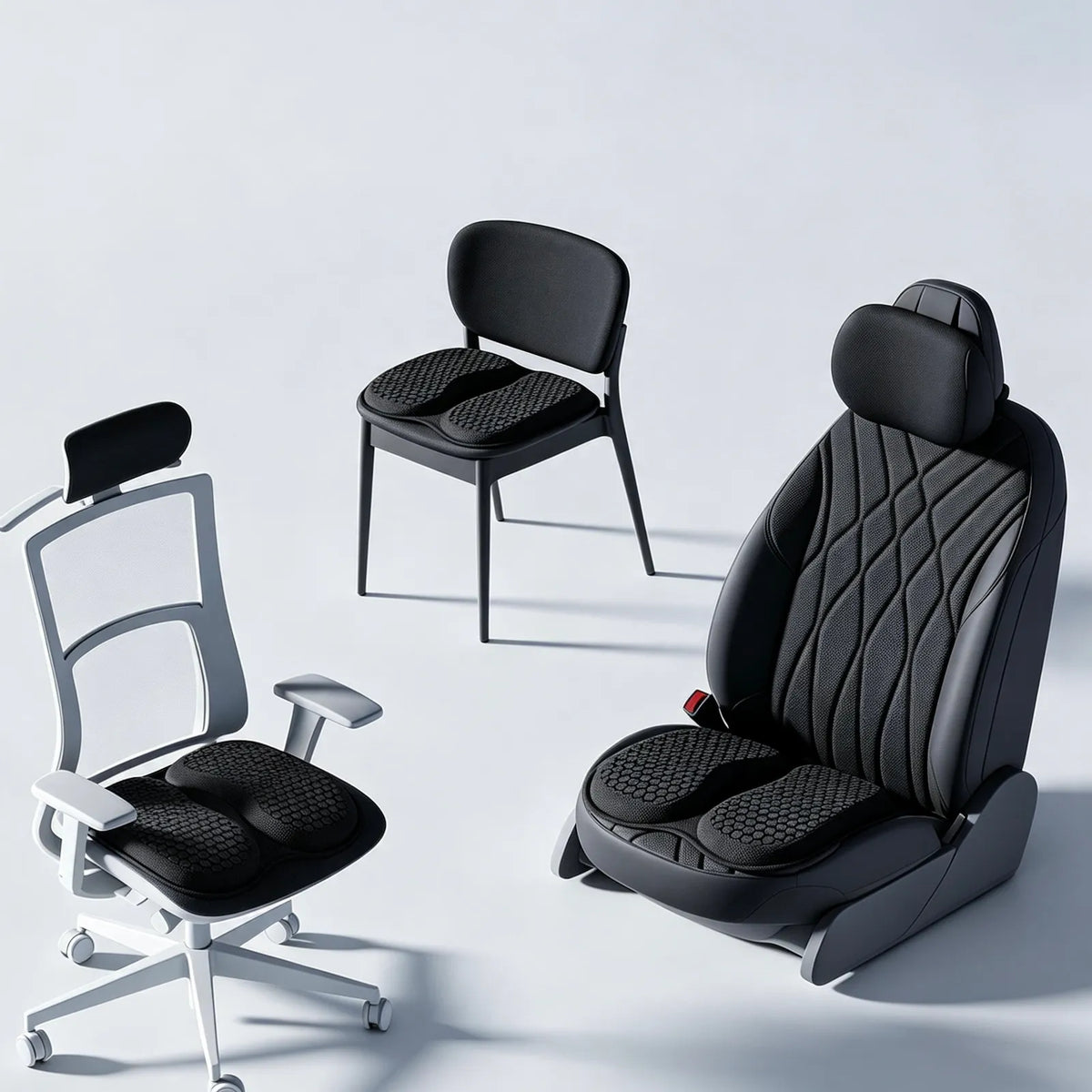 MaxCgo cushion shown on a car seat and chairs