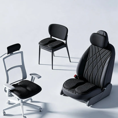 MaxCgo cushion shown on a car seat and chairs