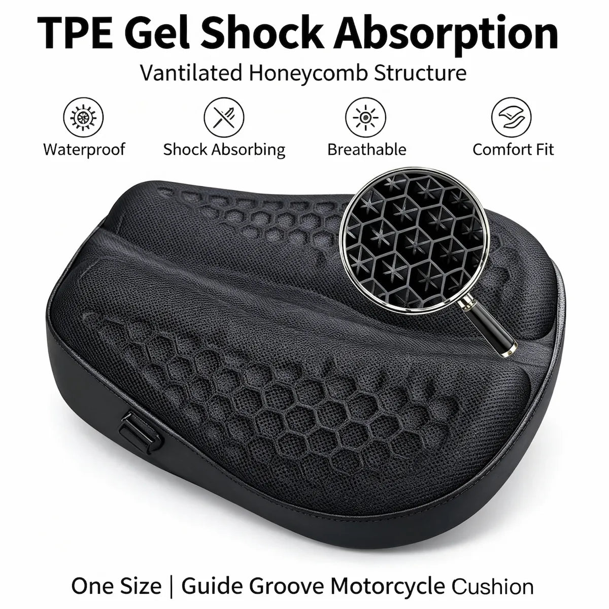 Black TPE gel shock-absorbing motorcycle seat cushion with a honeycomb texture, shown on a white background with feature icons and text.