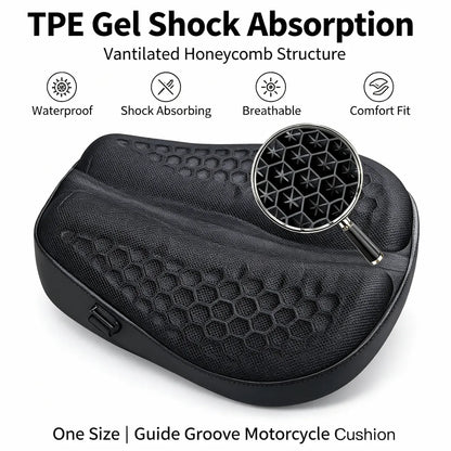 Black TPE gel shock-absorbing motorcycle seat cushion with a honeycomb texture, shown on a white background with feature icons and text.