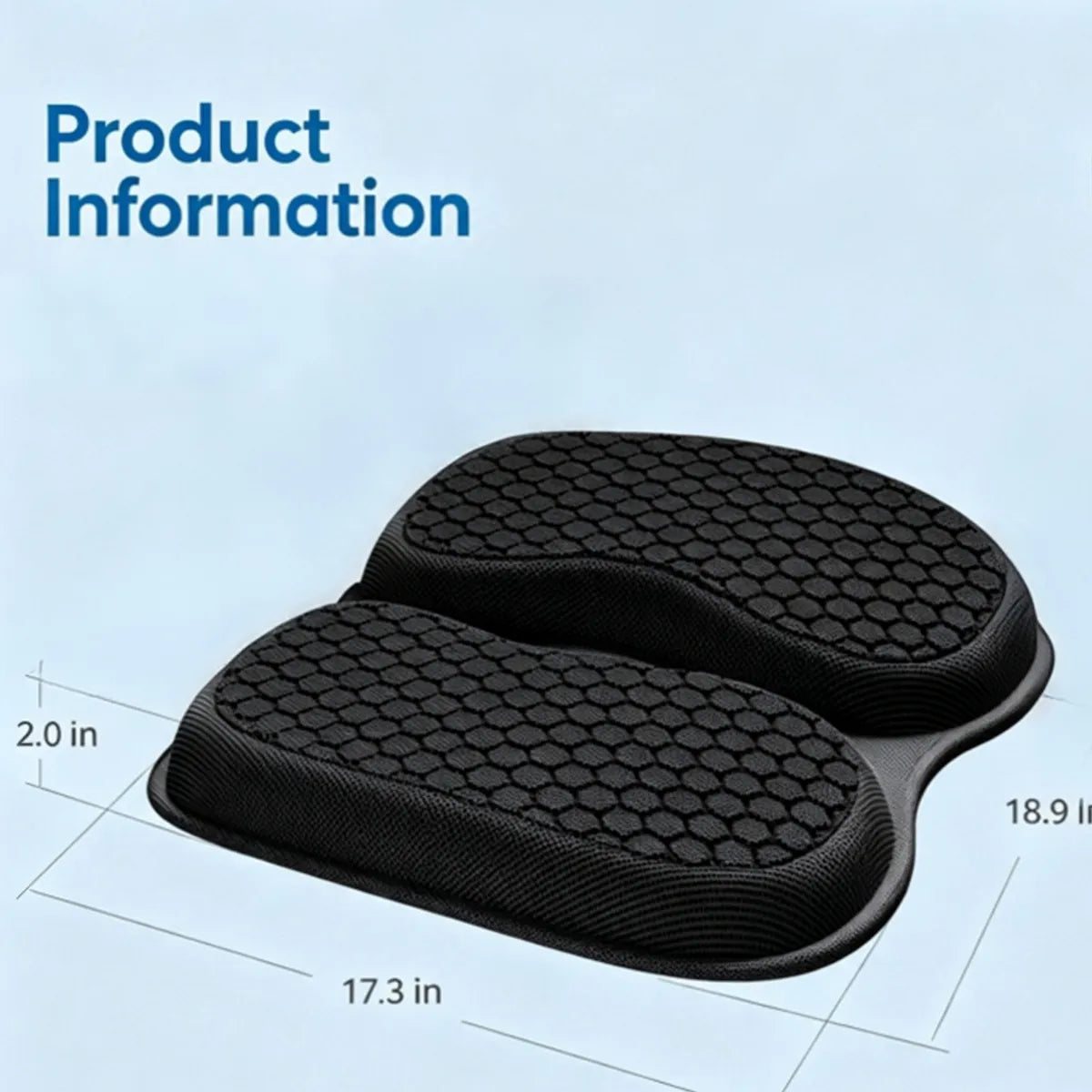 Black ergonomic split lumbar support pillow with a textured honeycomb pattern, shown with dimension lines and text indicating measurements of 17.3 in by 18.