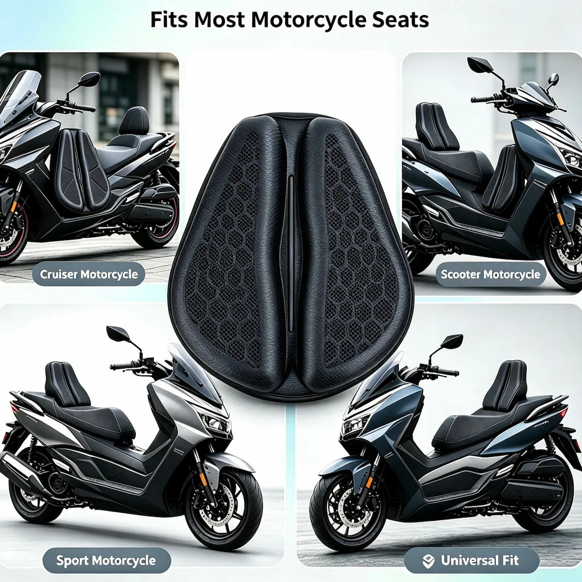 A motorcycle seat cushion shown in the center, with four inset photos of different scooter and cruiser motorcycle models around it. Text at the top reads 'Fits Most Motorcycle Seats' and labels include Cruiser Motorcycle, Scooter Motorcycle, Sport Motorcycle, and Universal Fit.
