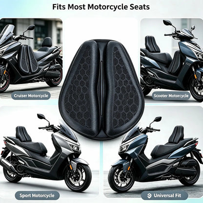 A motorcycle seat cushion shown in the center, with four inset photos of different scooter and cruiser motorcycle models around it. Text at the top reads 'Fits Most Motorcycle Seats' and labels include Cruiser Motorcycle, Scooter Motorcycle, Sport Motorcycle, and Universal Fit.