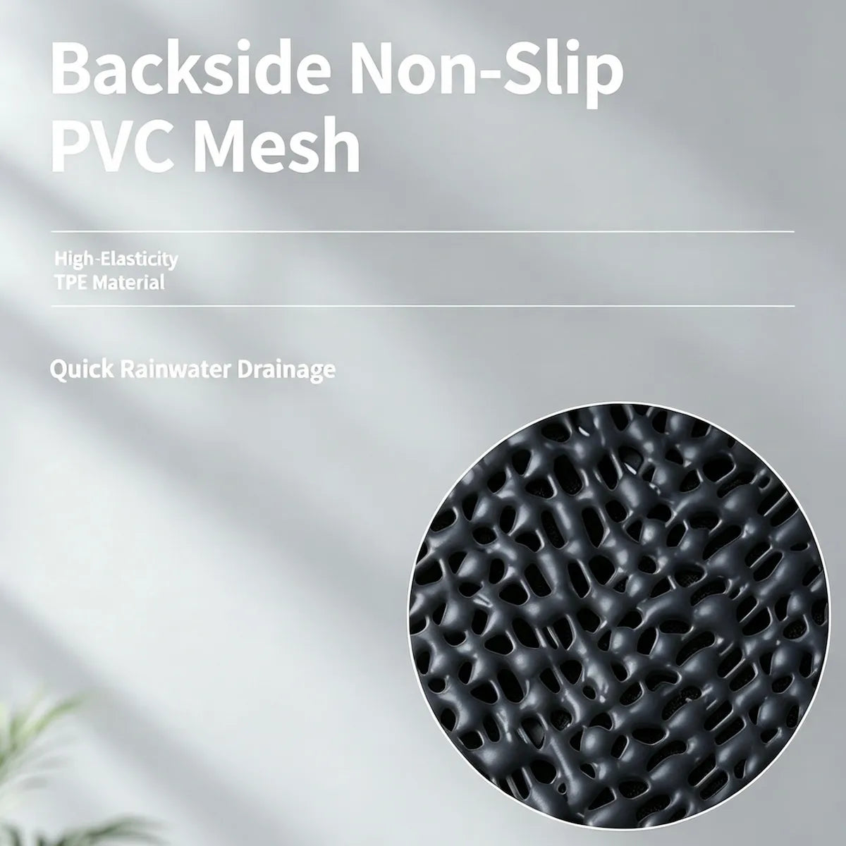 Text reading 'Backside Non-Slip PVC Mesh' with feature callouts 'High Elasticity TPE Material' and 'Quick Rainwater Drainage,' plus a circular close-up showing a black textured mesh surface.