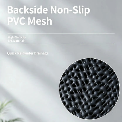 Text reading 'Backside Non-Slip PVC Mesh' with feature callouts 'High Elasticity TPE Material' and 'Quick Rainwater Drainage,' plus a circular close-up showing a black textured mesh surface.