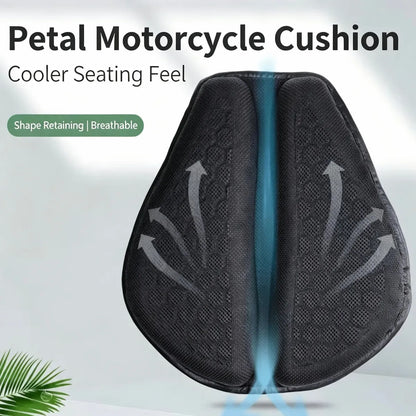 Petal-shaped motorcycle seat cushion in black mesh fabric with a central blue airflow graphic and text reading 'Petal Motorcycle Cushion' and 'Cooler Seating Feel' on a light background.