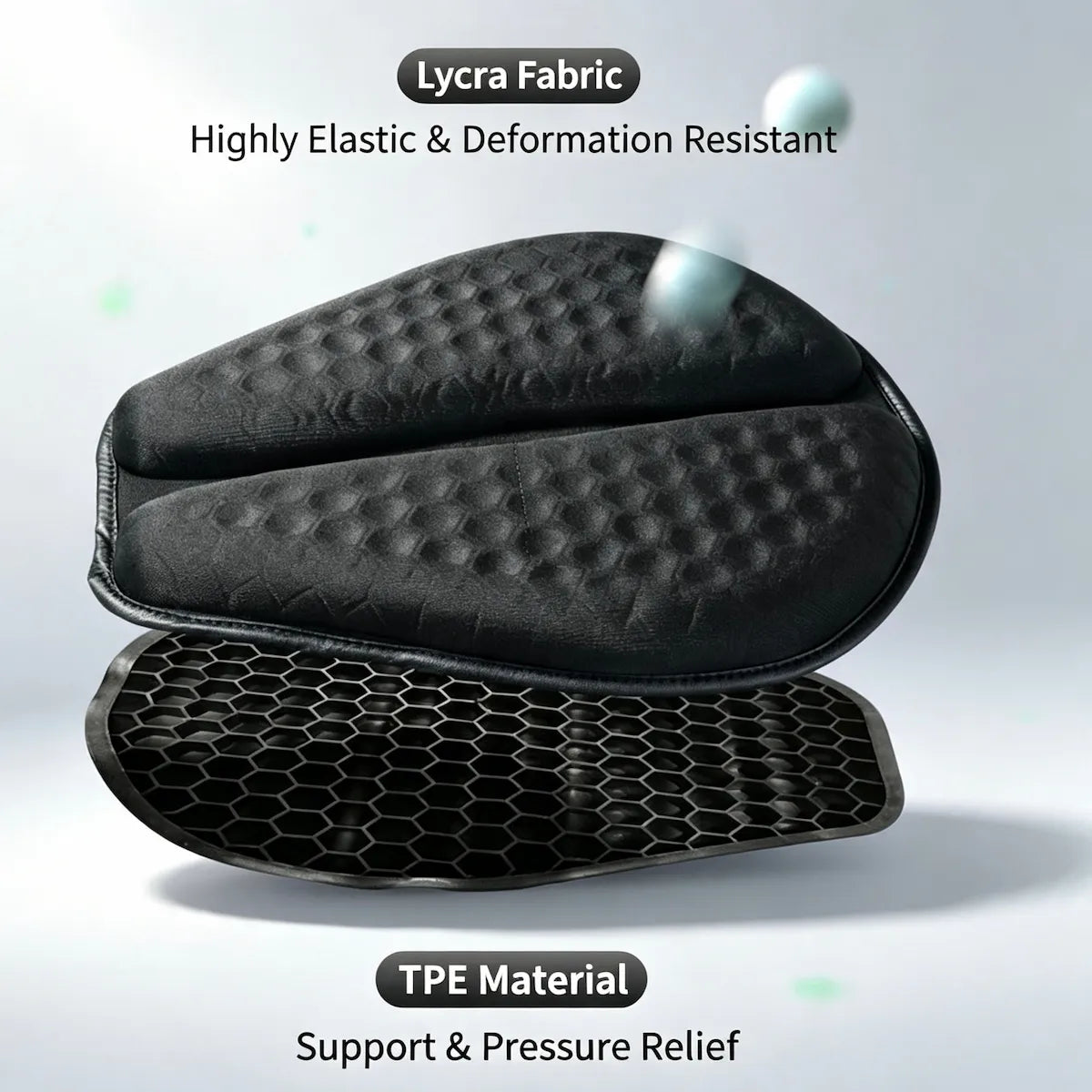 MaxCgo motorcycle seat cushion exploded view showing fabric cover and TPE honeycomb core