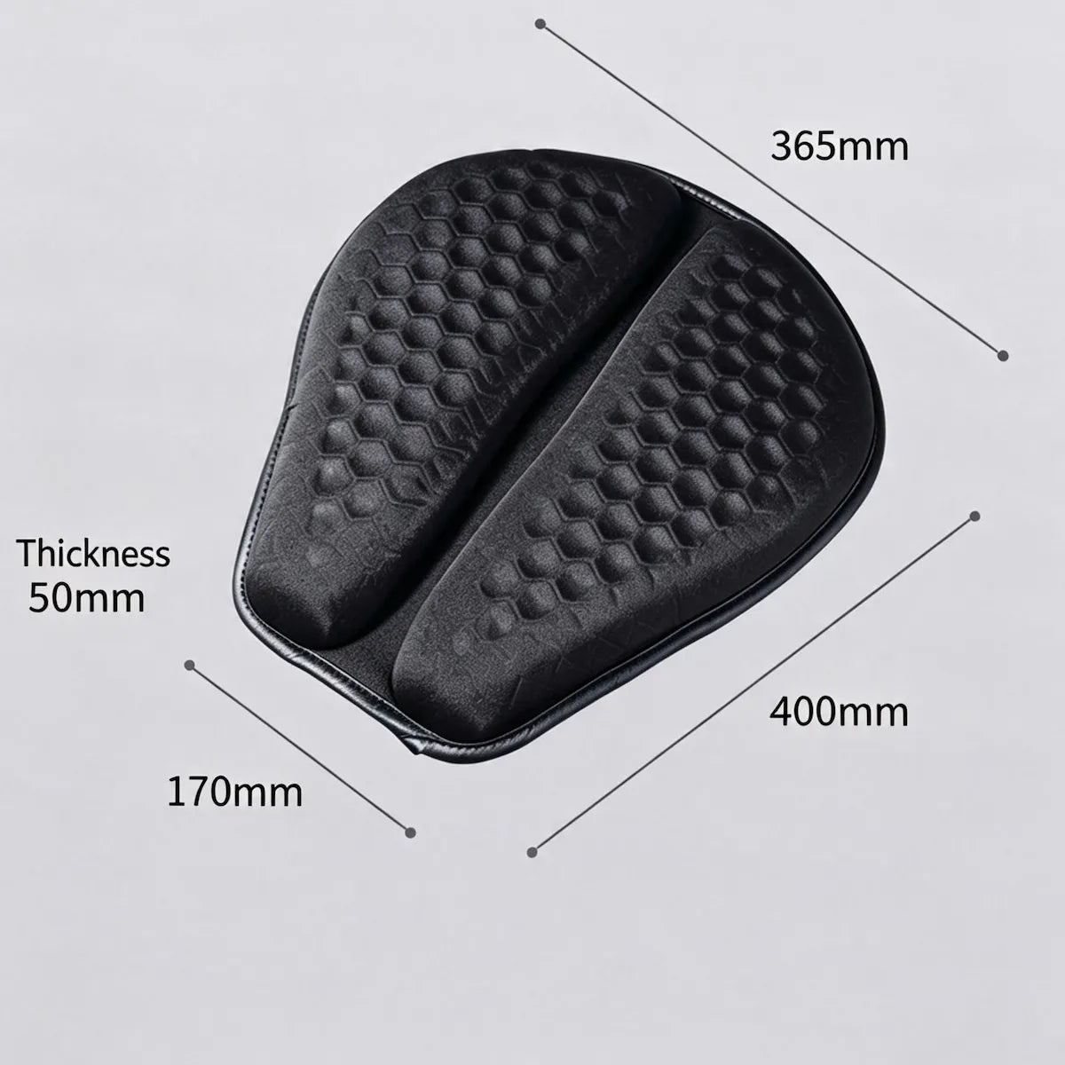 MaxCgo motorcycle seat cushion dimension diagram showing 400 mm length, 365 mm maximum width, 170 mm narrow end and 50 mm thickness