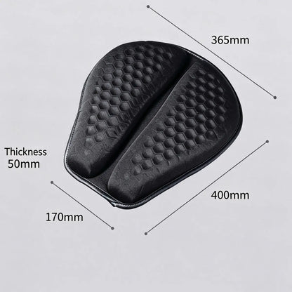 MaxCgo motorcycle seat cushion dimension diagram showing 400 mm length, 365 mm maximum width, 170 mm narrow end and 50 mm thickness