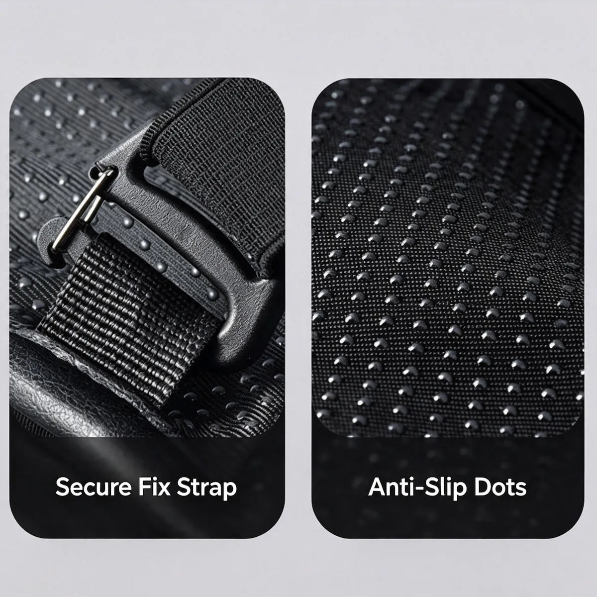 MaxCgo motorcycle seat cushion strap buckle and dotted backing close-up