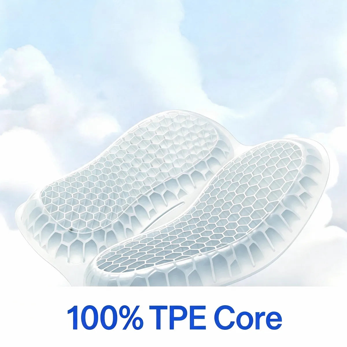 Two curved white TPE gel pads with a honeycomb texture, shown against a light blue cloudy background with the text '100% TPE Core' at the bottom.