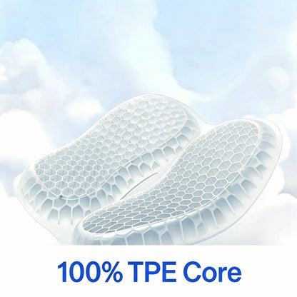 Two curved white TPE gel pads with a honeycomb texture, shown against a light blue cloudy background with the text '100% TPE Core' at the bottom.