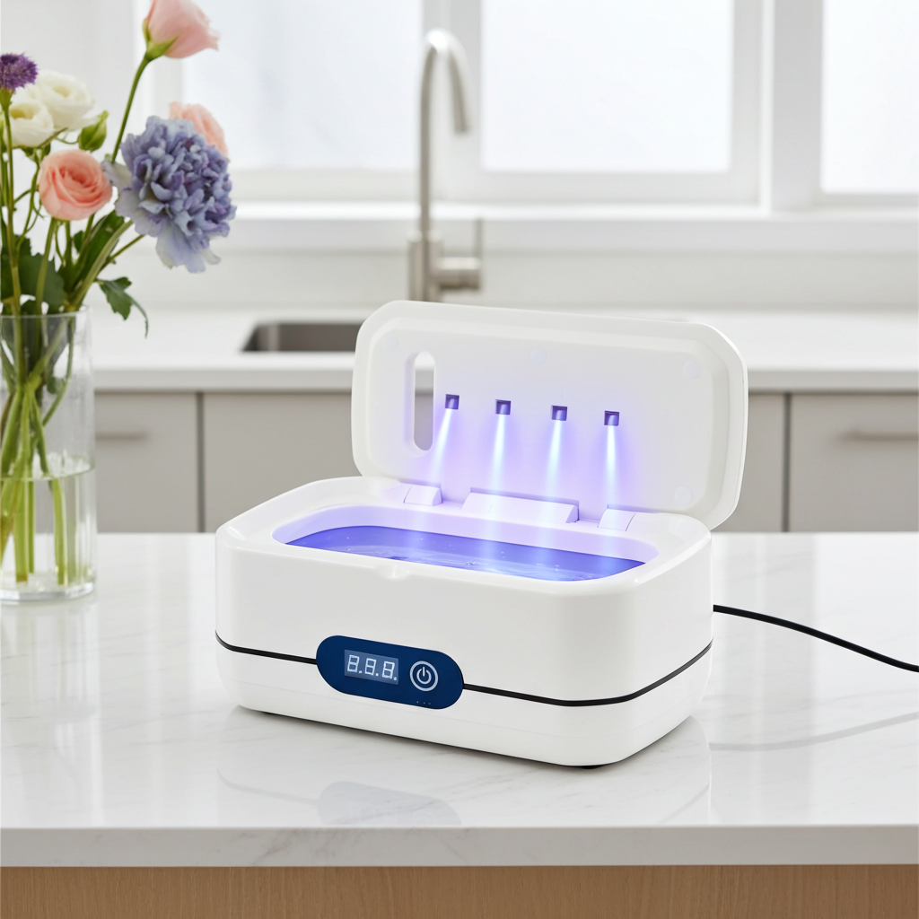 Ultrasonic Cleaner - UV blue light deep cleaning mode with open lid in kitchen countertop setting