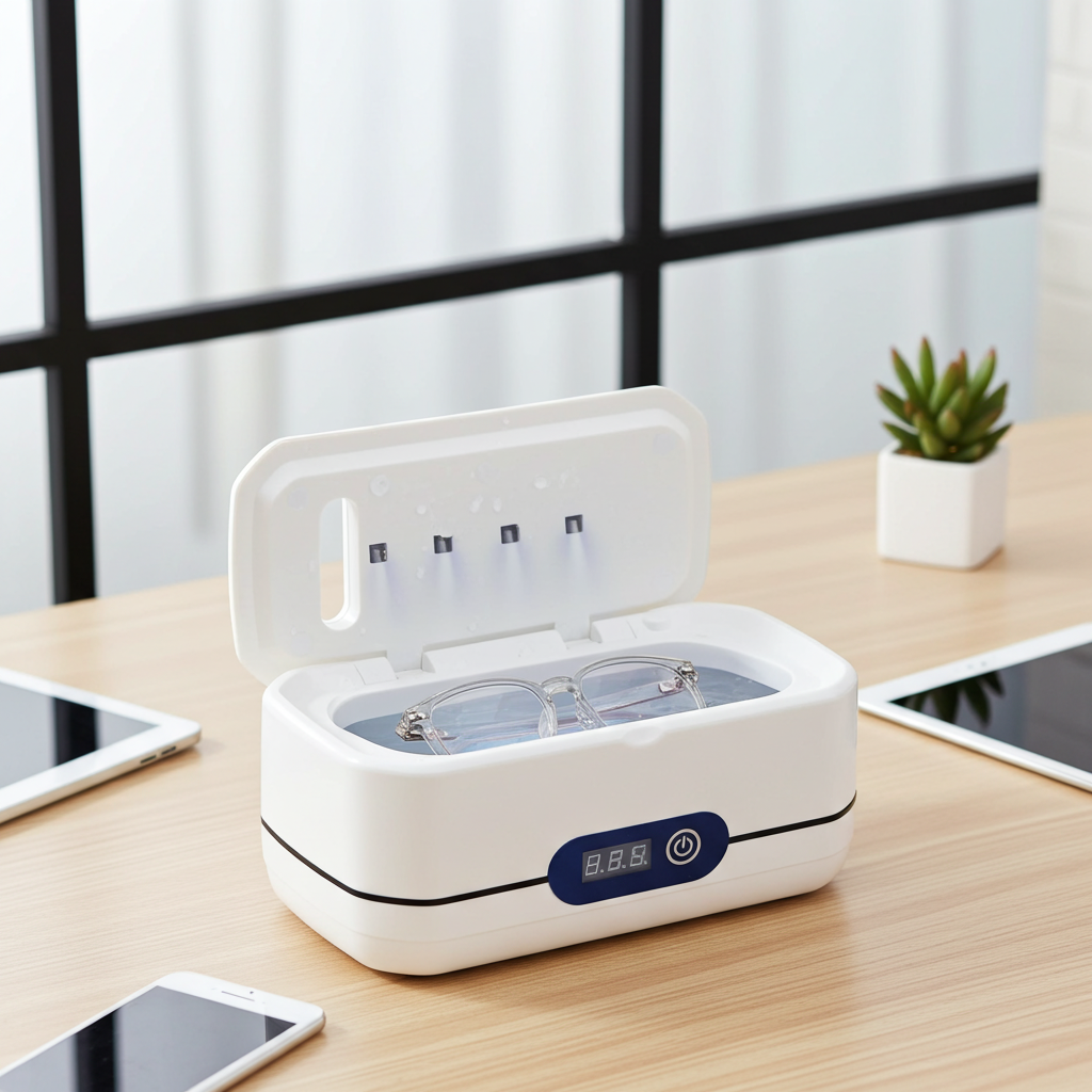 Ultrasonic Cleaner - open lid showing glasses being cleaned with digital timer display on office desk