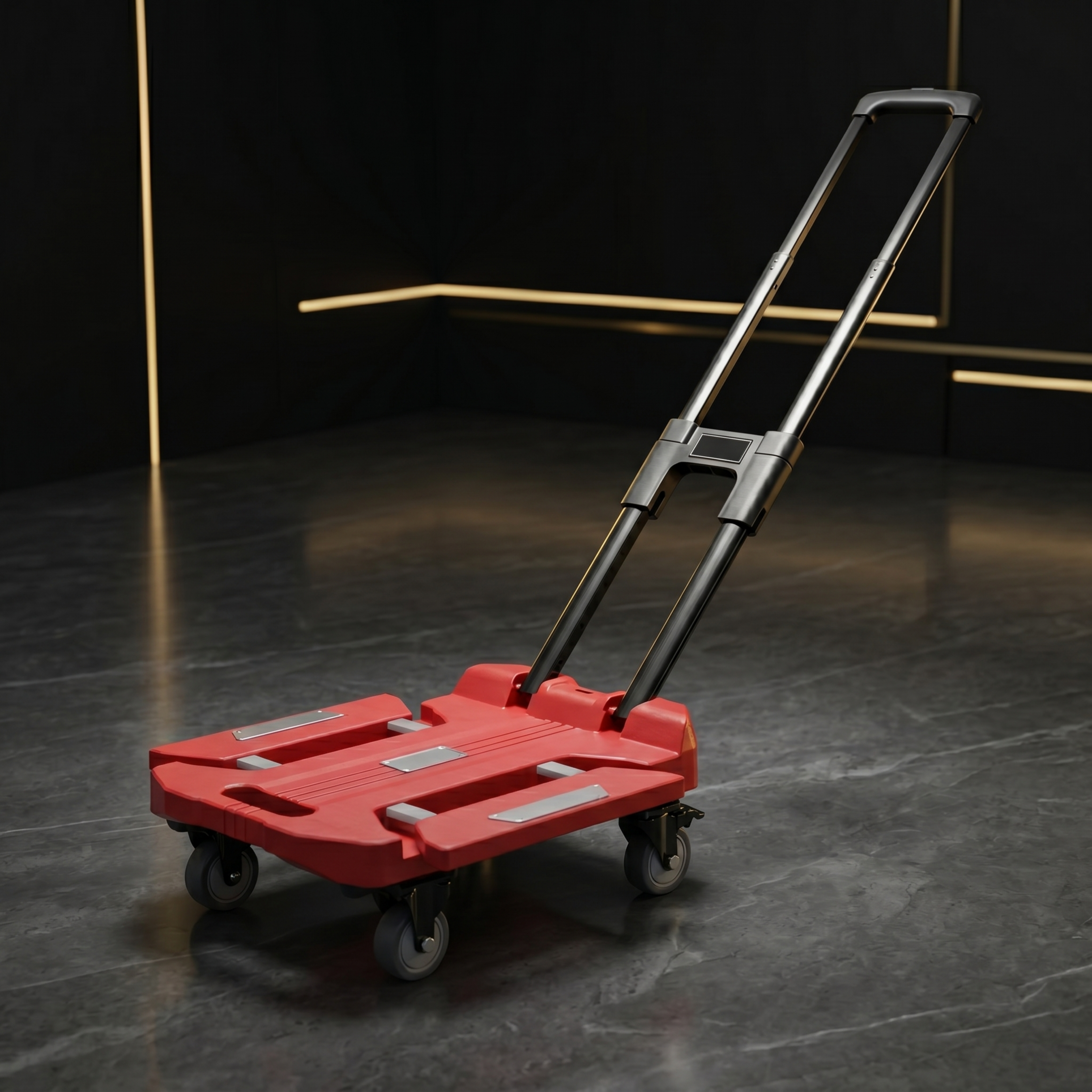 Red folding cart on a dark marble floor with a black background