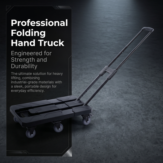 Professional folding hand truck with text on a dark background